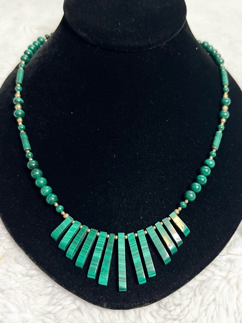 Vintage Green Malachite & Gold Cleopatra Style Bib Fringe Necklace